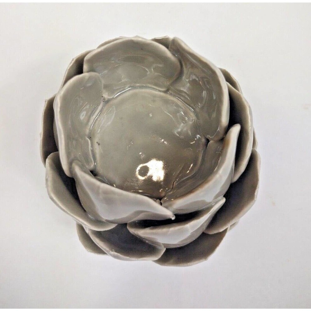 Glazed Pottery Lotus or Artichoke Heavy Ceramic Tea Light Votive Candle Holder - Picture 3 of 7